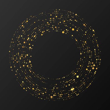 Soyut altın parlayan yarım tonlu noktalı arkaplan. Daire şeklinde altın parıltı deseni. Yarım ton noktalarını çember yapın. Vektör illüstrasyonu
