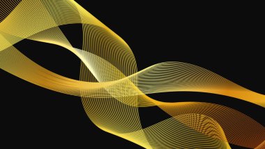 Karanlık arka planda lüks altın dalgaları olan soyut bir fon. Modern teknoloji arka planı, dalga tasarımı. Vektör illüstrasyonu