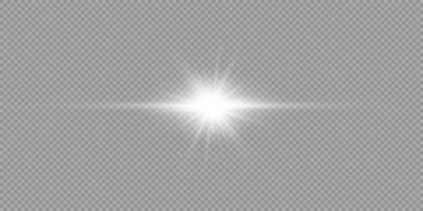 Lens fişeklerinin ışık etkisi. Gri şeffaf arkaplanda parıldayan beyaz yatay ışık patlaması efekti. Vektör illüstrasyonu