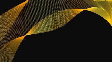 Karanlık arka planda lüks altın dalgaları olan soyut bir fon. Modern teknoloji arka planı, dalga tasarımı. Vektör illüstrasyonu