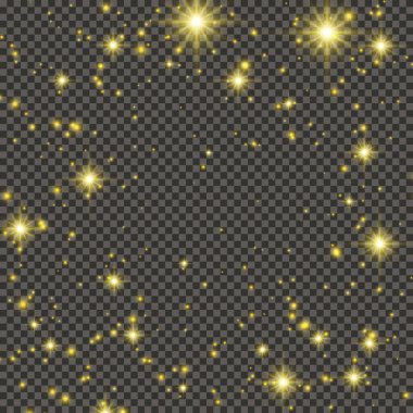 Gold glittering dust on a gray transparent background. Dust with gold glitter effect and empty space for your text.  Vector illustration