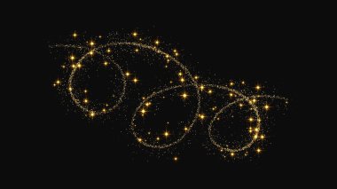 Altın parıldayan konfeti dalgası ve yıldız tozu. Koyu arkaplanda altın sihirli parıltılar. Vektör illüstrasyonu