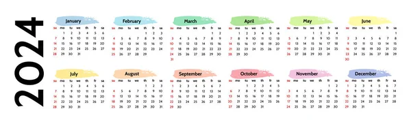Horizontální Kalendář Pro Rok 2024 Izolovaný Bílém Pozadí Neděle Pondělí — Stockový vektor