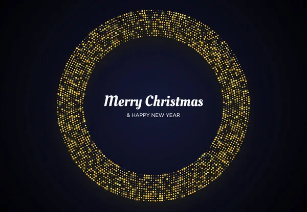 stock vector Merry Christmas and Happy New Year of gold glitter pattern in circle form. Abstract gold glowing halftone dotted background for Christmas holiday greeting card on dark background. Vector illustration