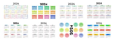 2024 için sekiz takvim seti beyaz arka planda izole edildi. Pazardan pazartesiye, iş planı. Vektör illüstrasyonu