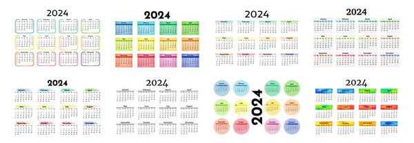 Set Van Acht Kalenders Voor 2024 Geïsoleerd Een Witte Achtergrond — Stockvector