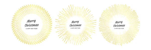 メリークリスマスとハッピーニューイヤーの碑文と3つの金の花火のセット ライン線で爆発クリスマスカードは白い背景に隔離されました ベクターイラスト — ストックベクタ