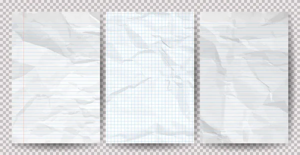 Set Papeles Blancos Limpios Arrugados Sobre Fondo Transparente Cuaderno Vacío — Vector de stock