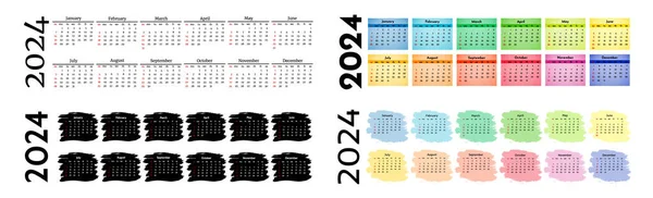 Set Four Horizontal Calendars 2024 Isolated White Background Sunday Monday — Stock Vector