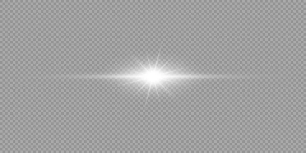 镜头照明弹的光效 在灰色透明的背景上闪烁着白光的水平发光星暴效应 矢量说明 — 图库矢量图片
