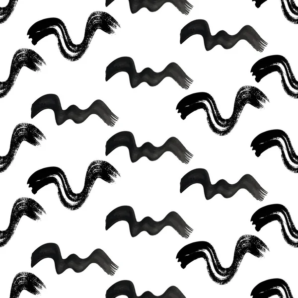 Seamless Pattern Black Wavy Grunge Brush Strokes Abstract Shapes White — vektorikuva