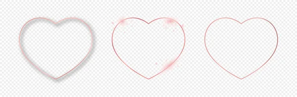 Set Three Rose Gold Glowing Heart Shapes Isolated Transparent Background — Stock Vector