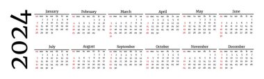 Horizontal calendar for 2024 isolated on a white background. Sunday to Monday, business template. Vector illustration
