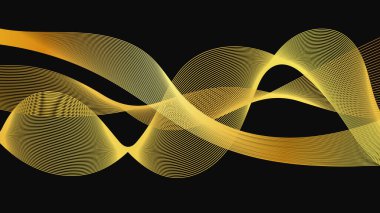 Karanlık arka planda lüks altın dalgaları olan soyut bir fon. Modern teknoloji arka planı, dalga tasarımı. Vektör illüstrasyonu