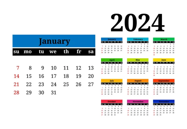 Kalender 2024 Geïsoleerd Een Witte Achtergrond Zondag Tot Maandag Business — Stockvector
