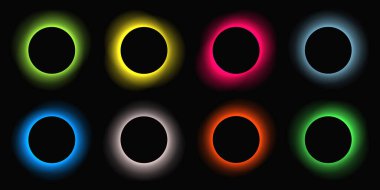 Circle illuminate frame with gradient. Set of eight round neon banners isolated on black background. Vector illustration