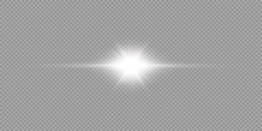 Lens fişeklerinin ışık etkisi. Gri şeffaf arkaplanda parıldayan beyaz yatay ışık patlaması efekti. Vektör illüstrasyonu