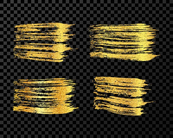 Set Mit Vier Goldenen Pinselstrichen Handgezeichnete Tuscheflecken Isoliert Auf Dunklem — Stockvektor