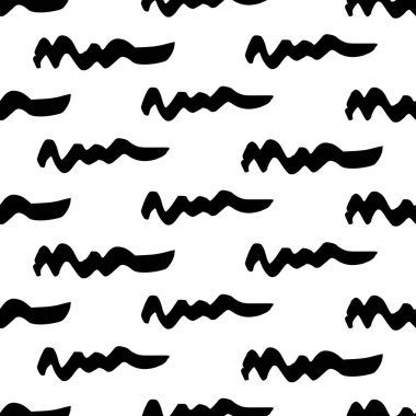 Seamless pattern with black wavy grunge brush strokes in abstract shapes on white background. Vector illustration