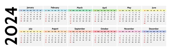 Horizontal Calendar 2024 Isolated White Background Sunday Monday Business Template — Διανυσματικό Αρχείο