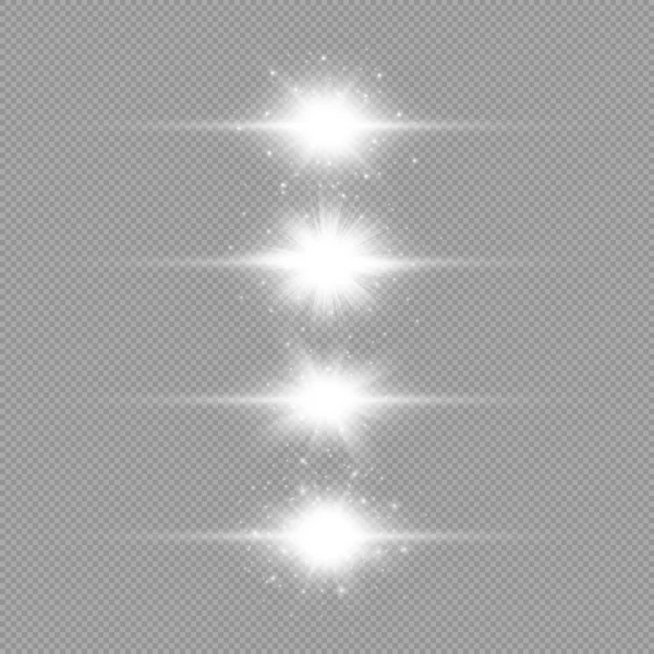 镜头照明弹的光效 一套四个白色水平发光的星暴效果与闪光在灰色透明的背景 矢量说明 — 图库矢量图片