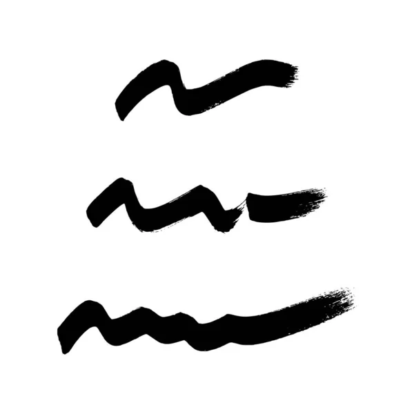 黒い波状のグランジブラシストローク 3つの塗装インクストライプのセット 白地に孤立した墨跡 ベクターイラスト — ストックベクタ