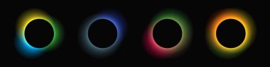 Circle illuminate frame with gradient. Set of four round neon banners isolated on black background. Vector illustration