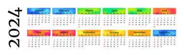 Horizontal calendar for 2024 isolated on a white background. Sunday to Monday, business template. Vector illustration