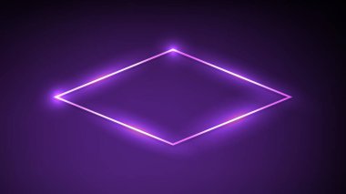 Koyu mor arka planda parlak efektleri olan neon rhomb çerçeve. Boş parlayan tekno fon. Vektör illüstrasyonu