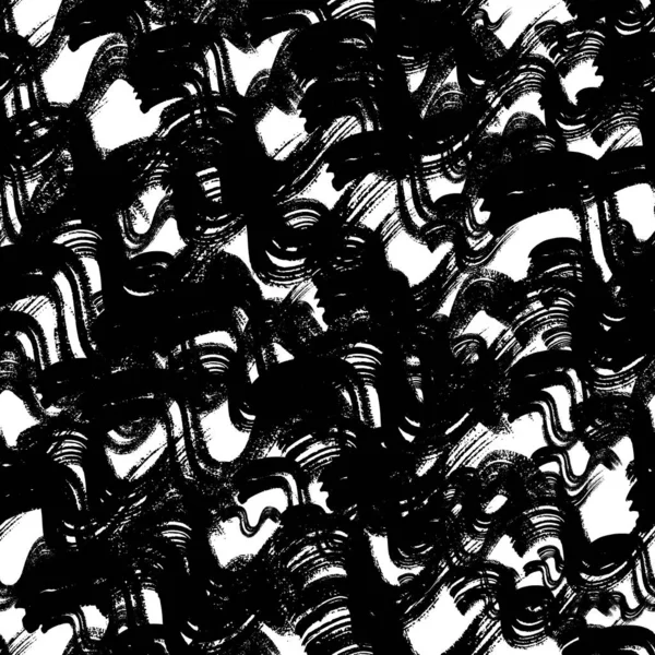 Seamless Pattern Black Wavy Grunge Brush Strokes Abstract Shapes White — Vettoriale Stock