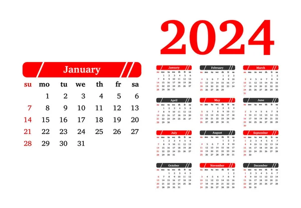 Calendar 2024 Isolated White Background Sunday Monday Business Template Vector — Image vectorielle