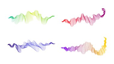 Dalgalı kavisli çizgiler. Beyaz zemin üzerinde dört soyut renkli dalga çizgisi seti. Vektör illüstrasyonu