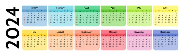 Horizontal Calendar 2024 Isolated White Background Sunday Monday Business Template — 图库矢量图片