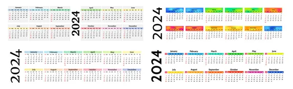 白い背景に隔離された2024のための4つの水平カレンダーのセット 日曜日から月曜日 ビジネステンプレート ベクターイラスト — ストックベクタ