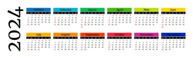 Horizontal calendar for 2024 isolated on a white background. Sunday to Monday, business template. Vector illustration