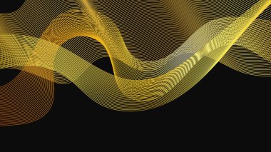 Karanlık arka planda lüks altın dalgaları olan soyut bir fon. Modern teknoloji arka planı, dalga tasarımı. Vektör illüstrasyonu