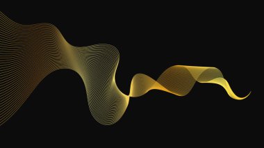 Karanlık arka planda lüks altın dalgaları olan soyut bir fon. Modern teknoloji arka planı, dalga tasarımı. Vektör illüstrasyonu