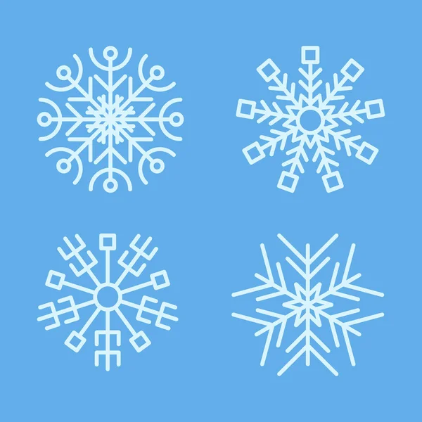 スノーフレーク冬コレクション 青い背景にラインスタイルで4つの白い雪片のセット クリスマスと新年の装飾要素 ベクターイラスト — ストックベクタ