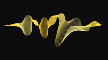 Karanlık arka planda lüks altın dalgaları olan soyut bir fon. Modern teknoloji arka planı, dalga tasarımı. Vektör illüstrasyonu