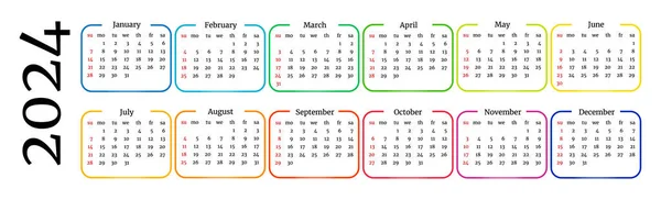 Horizontal Calendar 2024 Isolated White Background Sunday Monday Business Template — Stock Vector