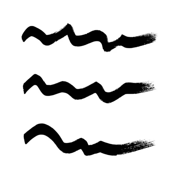 Black Wavy Grunge Brush Strokes Set Three Painted Ink Stripes — Stock Vector