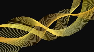 Karanlık arka planda lüks altın dalgaları olan soyut bir fon. Modern teknoloji arka planı, dalga tasarımı. Vektör illüstrasyonu