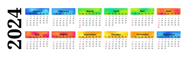 Horizontale Kalender Voor 2024 Geïsoleerd Een Witte Achtergrond Zondag Tot — Stockvector