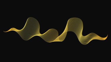 Karanlık arka planda lüks altın dalgaları olan soyut bir fon. Modern teknoloji arka planı, dalga tasarımı. Vektör illüstrasyonu