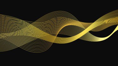 Karanlık arka planda lüks altın dalgaları olan soyut bir fon. Modern teknoloji arka planı, dalga tasarımı. Vektör illüstrasyonu
