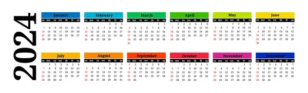 Horizontal Calendar 2024 Isolated White Background Sunday Monday Business Template — Vetor de Stock