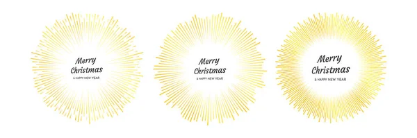 Набор Трех Золотых Фейерверков Рождественской Новогодней Надписью Взрыв Линейными Лучами — стоковый вектор