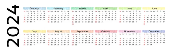 Horizontal Calendar 2024 Isolated White Background Sunday Monday Business Template — Vetor de Stock