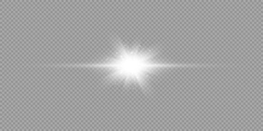 Lens fişeklerinin ışık etkisi. Gri şeffaf arkaplanda parıldayan beyaz yatay ışık patlaması efekti. Vektör illüstrasyonu