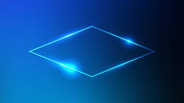 Koyu mavi arka planda parlak efektleri olan neon rhomb çerçevesi. Boş parlayan tekno fon. Vektör illüstrasyonu
